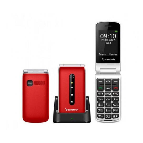 TELEFONO  SENIOR CONCHA SUNSTECH CELT18RD P2.4 USB BOTON SOS BASE CARGA FM ROJO
