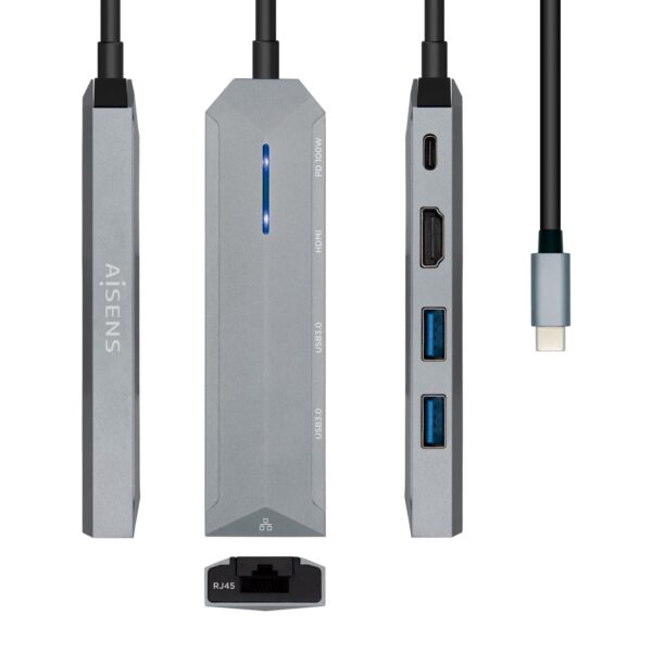 DOCK AISEN USB-C 5 EN 1 USB-C A 1xHDMI 1xRJ45 2xUSB 1xPD GRIS15CM ASUC-5P003-GR