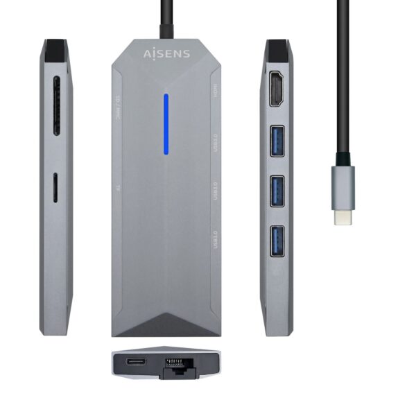 DOCK AISENS USB-C 8 EN 1 USB-C A HDMI-RJ45-3USB-PD-SD-MICROSD 15CM ASUC-8P004-GR