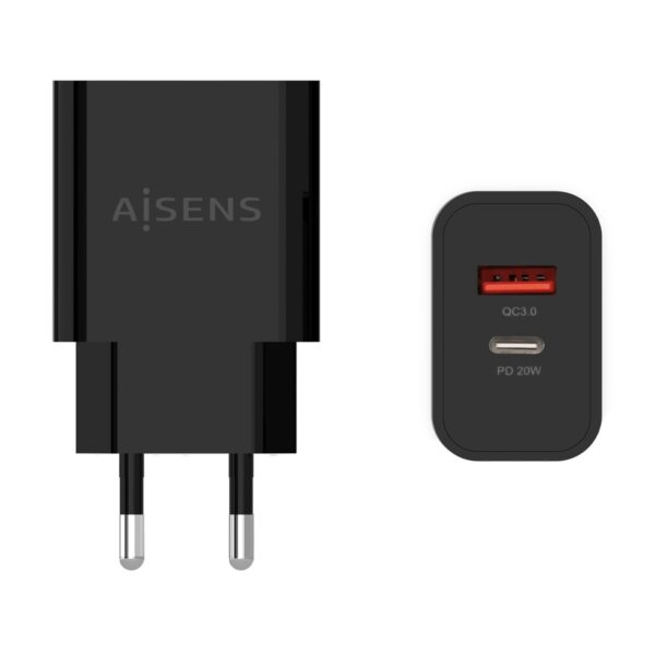 CARGADOR 20W 1xUSB-C PD3.0 1xUSB-A QC3.0 NEGRO AISENS A110-0682