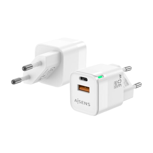 CARGADOR GaN 30W 1xUSB-C PD3.0 QC4.0 1xUSB-A QC3.0 BLANCO AISENS ASCH-30W2P004-W