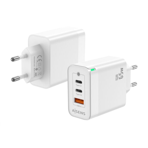 CARGADOR GaN 65W 2xUSB-C PD3.0 QC4.0 1xUSB-A QC3.0 BLANCO AISENS ASCH-65W3P007-W