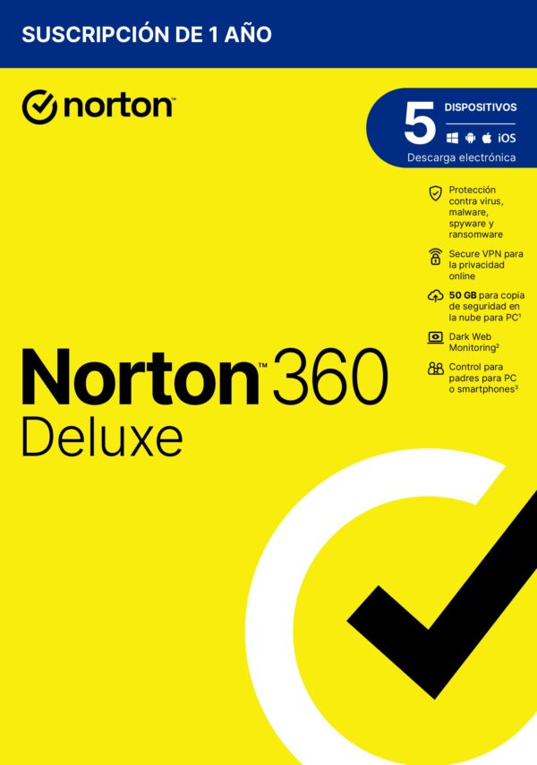 SOFTWARE ANTIVIRUS NORTON 360 DELUXE 50GB 1 USUARIO 5 DISPOSITIVO 1 AÑO CAJA