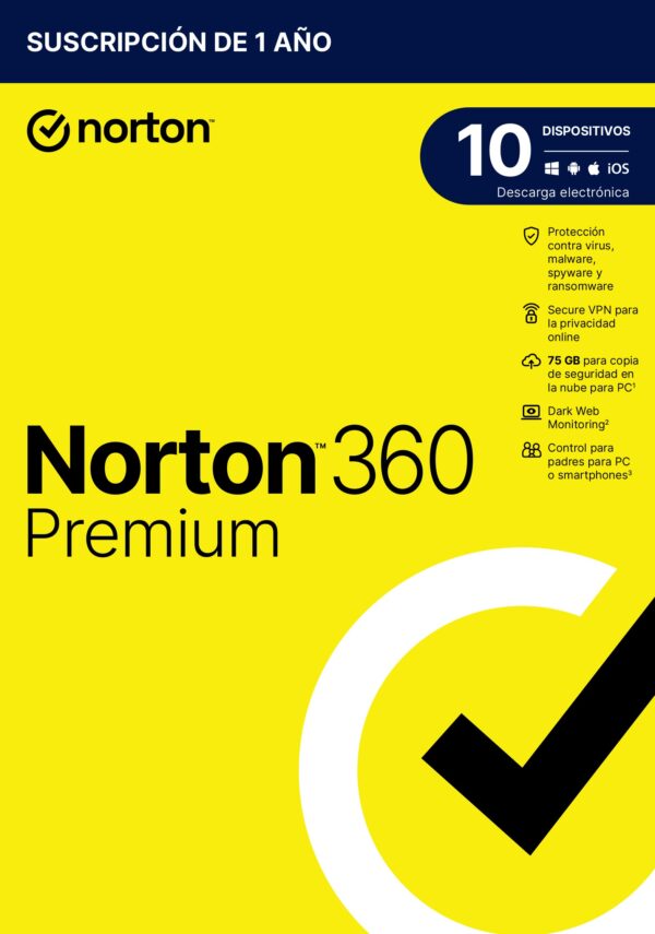 SOFTWARE ANTIVIRUS NORTON 360 PREMIUM 75GB 1 USUARIO 10 DISPOSITIVO 1 AÑO CAJA