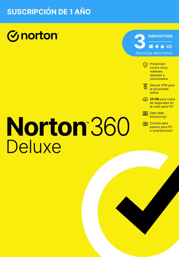 SOFTWARE ANTIVIRUS NORTON 360 DELUXE 25GB 1 USUARIO 3 DISPOSITIVO 1 AÑO CAJA