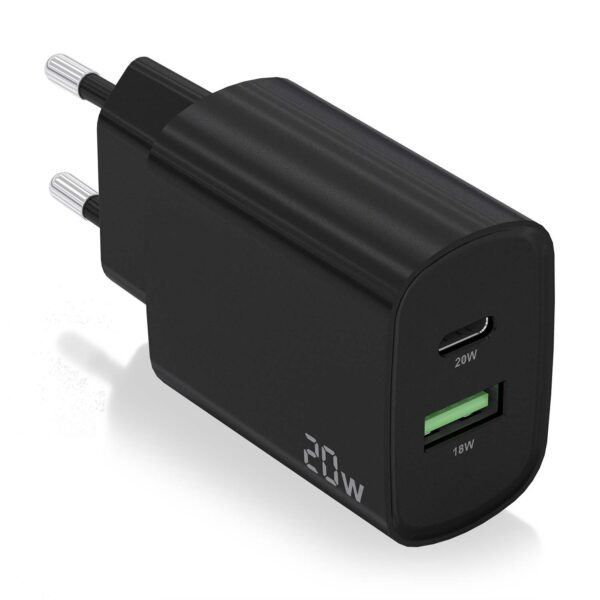 CARGADOR 20W 1xUSB-C PD3.0 1xUSB-A QC3.0 NEGRO AISENS A110-0755