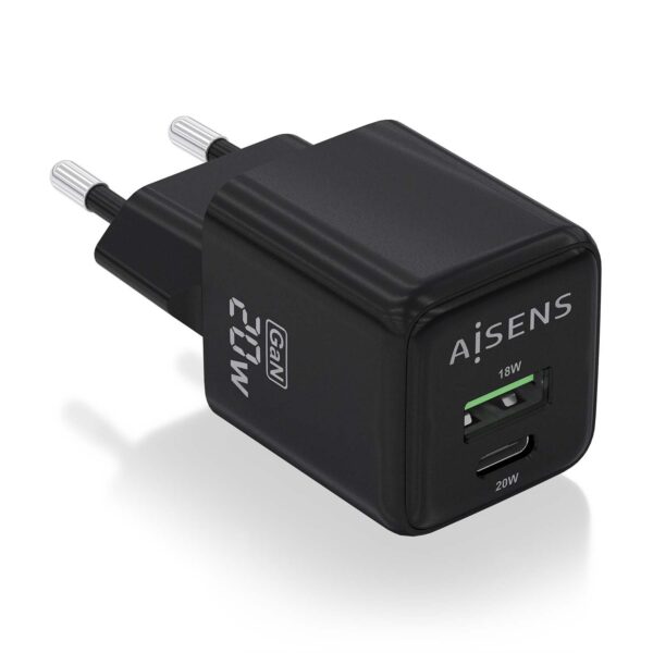 CARGADOR GaN 20W 1xUSB-C PD3.0 QC4.0 1xUSB-A QC3.0 NEGRO AISENS ASCH-20W2P011-BK