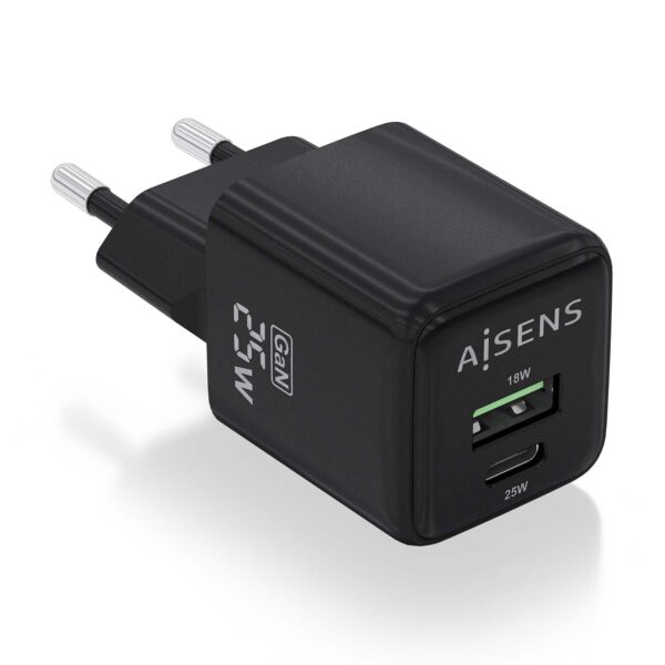 CARGADOR GaN 25W 1xUSB-C PD3.0 QC4.0 1xUSB-A QC3.0 NEGRO AISENS ASCH-25W2P015-BK