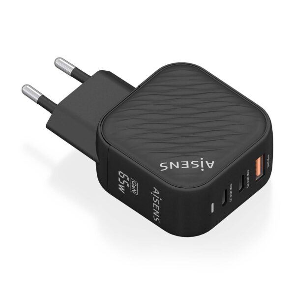 CARGADOR GaN 65W 2xUSB-C PD3.0 QC4.0 1xUSB-A QC3.0 NEGRO AISENS ASCH-65W3P027-BK