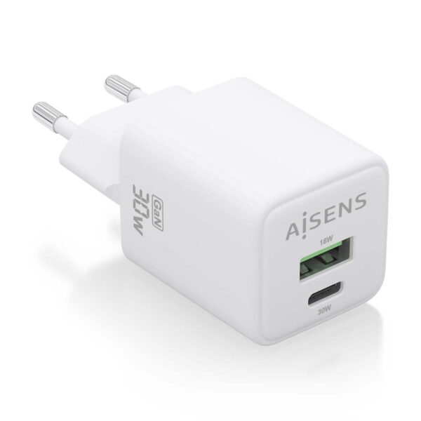CARGADOR GAN 30W 1xUSB-C PD3.0 QC4.0 1xUSB-A QC3.0 BLANCO AISENS ASCH-30W2P037-W
