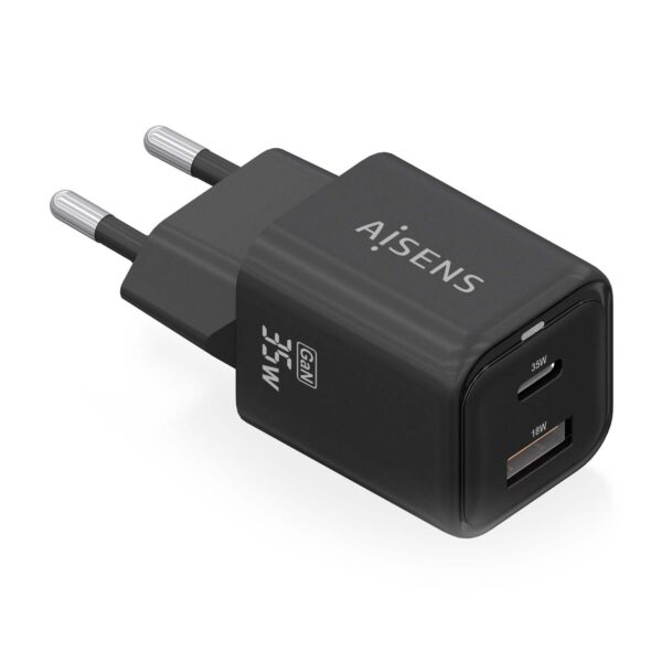 CARGADOR GAN 35W 1xUSB-C PD3.0 QC4.0 1xUSB-A QC3.0 NEGRO AISENS ASCH-35W2P025-BK