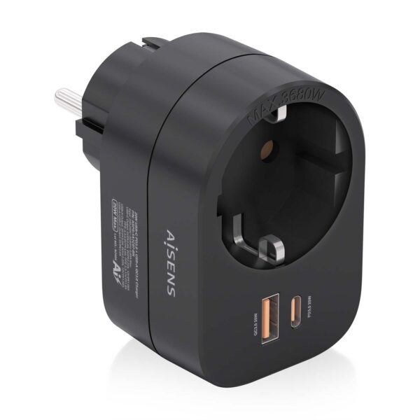 REGLETA 1 TOMA+USB-C 20W PD3.0+USB-A 20W QC3.0 PARED NEGRO AISENS ASPS-1A1C07-BK