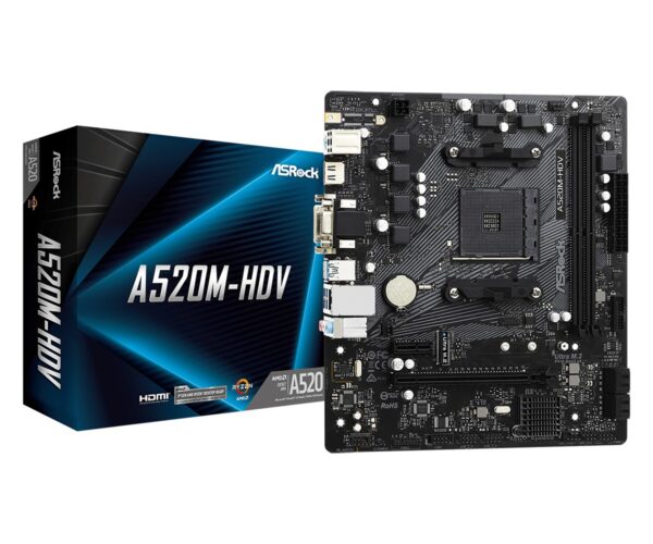 PB AMD SAM4 ASROCK A520M-HDV 4SATA3 M2 6USB32 PCIE HDMI DVI VGA MATX