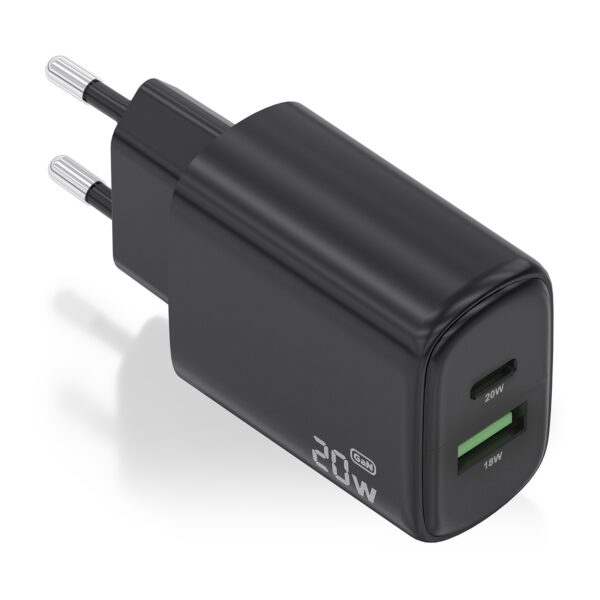 CARGADOR GaN 20W 1xUSB-C PD3.0 1xUSB-A QC3.0 NEGRO AISENS A110-0910