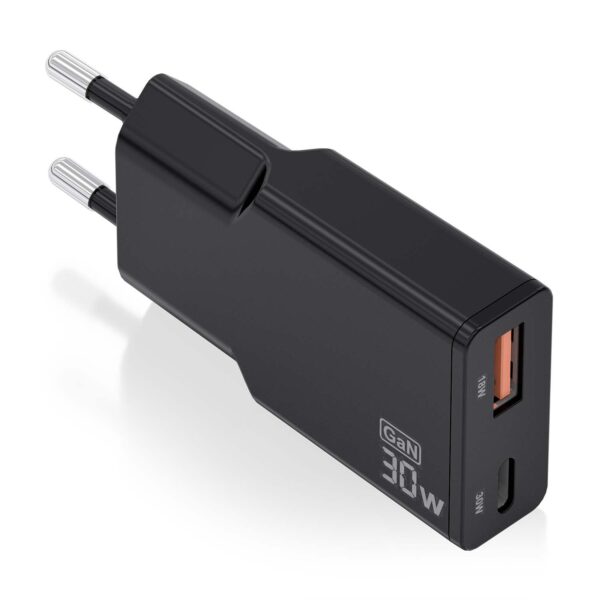 CARGADOR GAN 30W FINO USBC PD3.0 QC4.0 USB-A QC3.0 NEGRO AISENS ASCH-30W2P047-BK