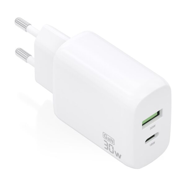 CARGADOR GAN 30W 1xUSB-C PD3.0 QC4.0 1xUSB-A QC3.0 BLANCO AISENS A110-0923