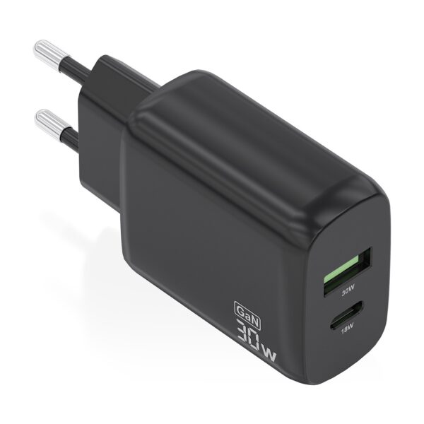 CARGADOR GAN 30W 1xUSB-C PD3.0 QC4.0 1xUSB-A QC3.0 NEGRO AISENS A110-0924