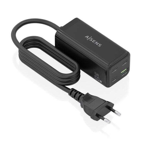 CARGADOR SOBREMESA GaN 100W 3USB-C PD3.0 USBA QC3 NEGRO AISENS ASCH-100W4P054-BK