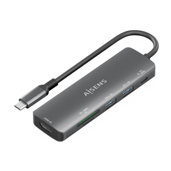 DOCK AISENS 6 EN 1 USBC A HDMI 2USBA USBC PD SD MICRO SD GRIS 15CM ASUC-6P023-GR