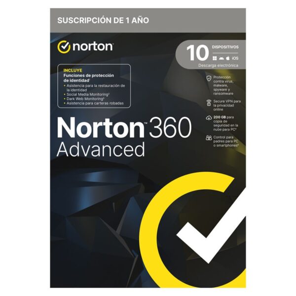 SOFTWARE ANTIVIRUS NORTON 360 ADVANCED PWM 200GB ES 1USUAR 10DISPOS 1 AÑO CAJA