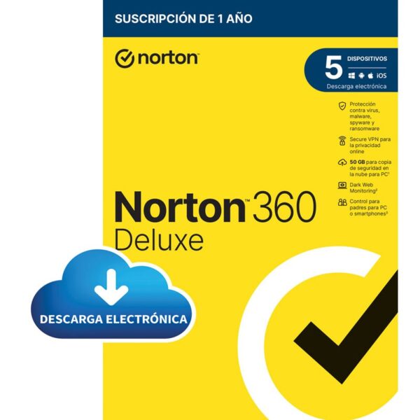 SOFTWARE ANTIVIRUS NORTON 360 DELUXE 50GB 1 USUARIO 5 DISPOSITIVO 1 AÑO ESD STOCK