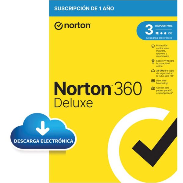 SOFTWARE ANTIVIRUS NORTON 360 DELUXE 25GB 1 USUARIO 3 DISPOSITIVO 1 AÑO ESD STOCK